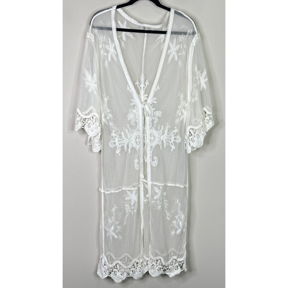 Cupshe Boho Lace Embroidery Crochet Kimono Duster Tie Front Coverup One Size - Picture 1 of 10